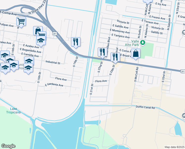 map of restaurants, bars, coffee shops, grocery stores, and more near 504 South 21st Street in Hidalgo
