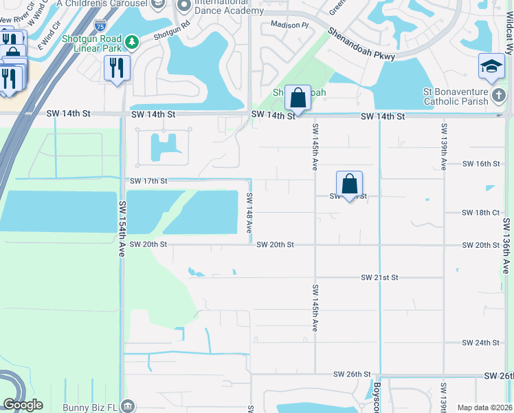 map of restaurants, bars, coffee shops, grocery stores, and more near 14775 Southwest 18th Court in Davie