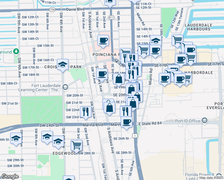 map of restaurants, bars, coffee shops, grocery stores, and more near 1905 Southeast 1st Avenue in Fort Lauderdale