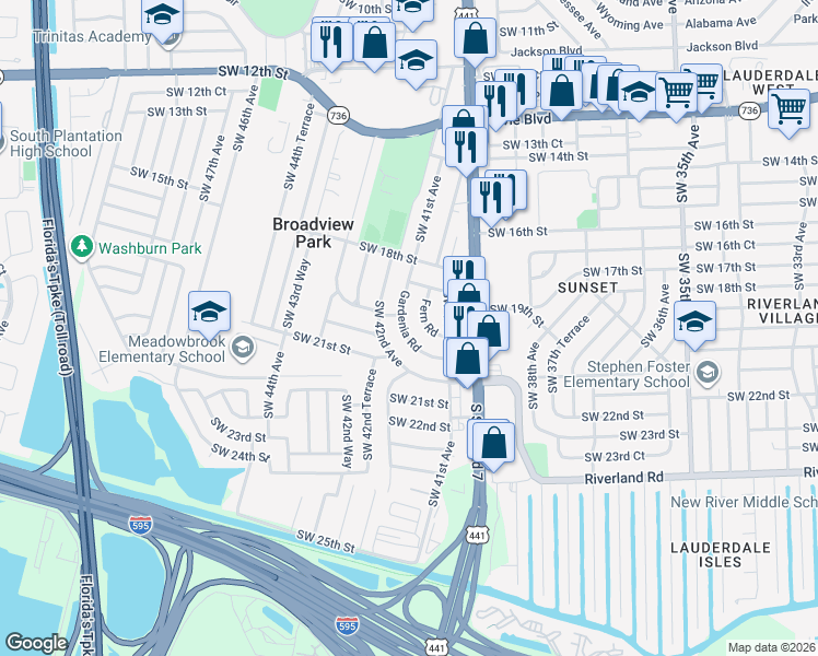 map of restaurants, bars, coffee shops, grocery stores, and more near 1833 Fern Road in Plantation