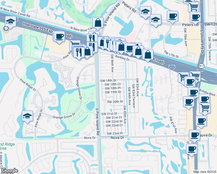 map of restaurants, bars, coffee shops, grocery stores, and more near 8601 Southwest 18th Place in Davie