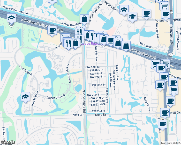 map of restaurants, bars, coffee shops, grocery stores, and more near 1849 Southwest 87th Terrace in Davie