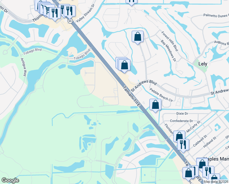 map of restaurants, bars, coffee shops, grocery stores, and more near 8793 Tamiami Trail East in Naples