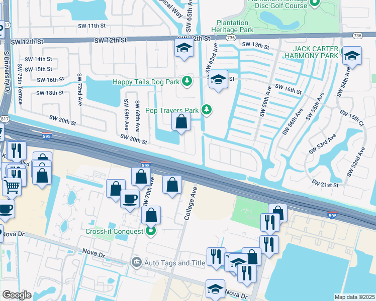 map of restaurants, bars, coffee shops, grocery stores, and more near 6521 Southwest 20th Street in Plantation