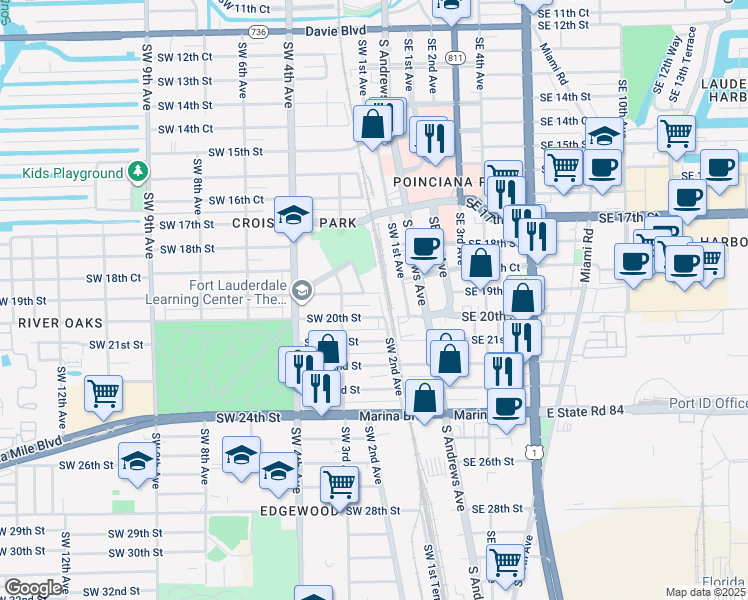map of restaurants, bars, coffee shops, grocery stores, and more near 206 Southwest 19th Street in Fort Lauderdale