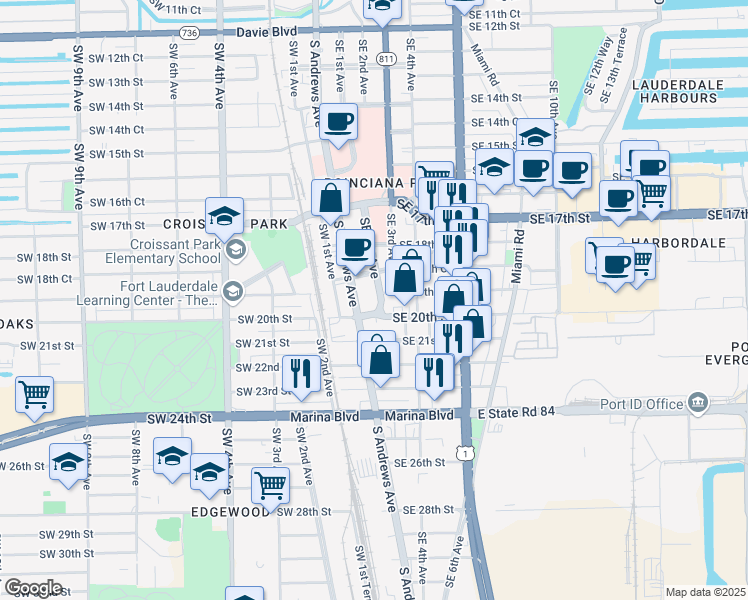 map of restaurants, bars, coffee shops, grocery stores, and more near 1905 Southeast 1st Avenue in Fort Lauderdale