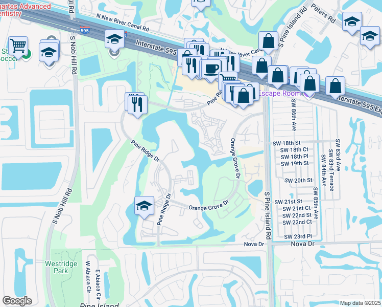 map of restaurants, bars, coffee shops, grocery stores, and more near 9420 Poinciana Place in Davie