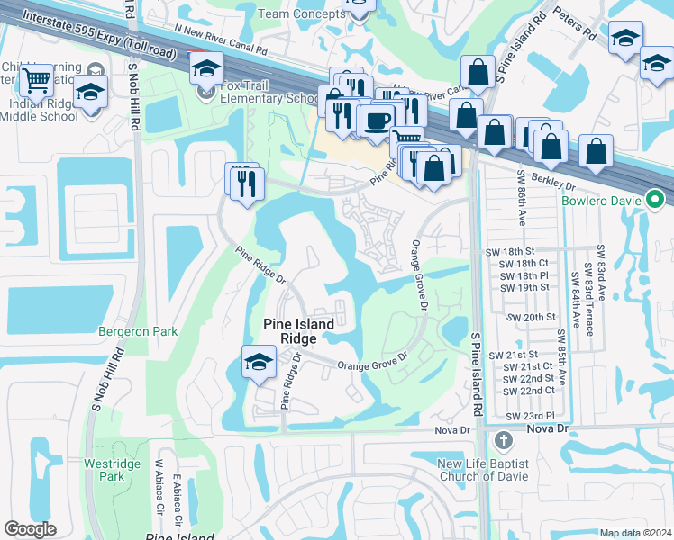 map of restaurants, bars, coffee shops, grocery stores, and more near 9420 Poinciana Place in Davie