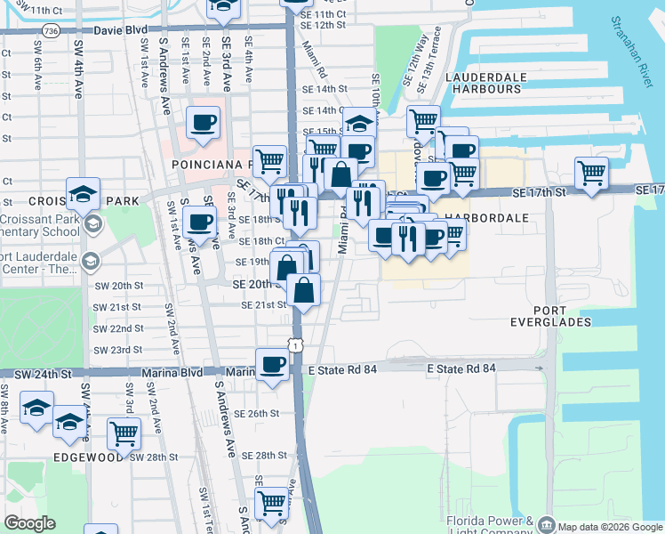 map of restaurants, bars, coffee shops, grocery stores, and more near 1950 Miami Road in Fort Lauderdale