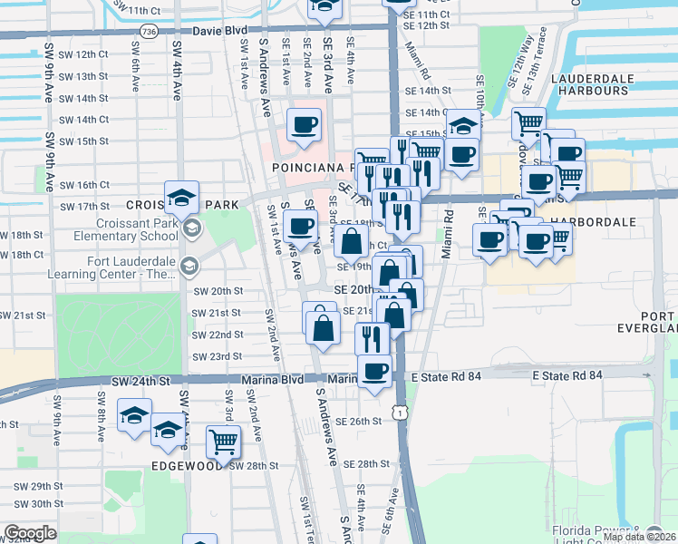 map of restaurants, bars, coffee shops, grocery stores, and more near 1909 Southeast 4th Avenue in Fort Lauderdale