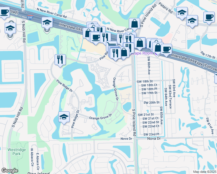 map of restaurants, bars, coffee shops, grocery stores, and more near 1518 Whitehall Drive in Davie