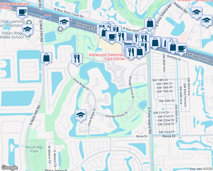 map of restaurants, bars, coffee shops, grocery stores, and more near 9420 Poinciana Place in Davie