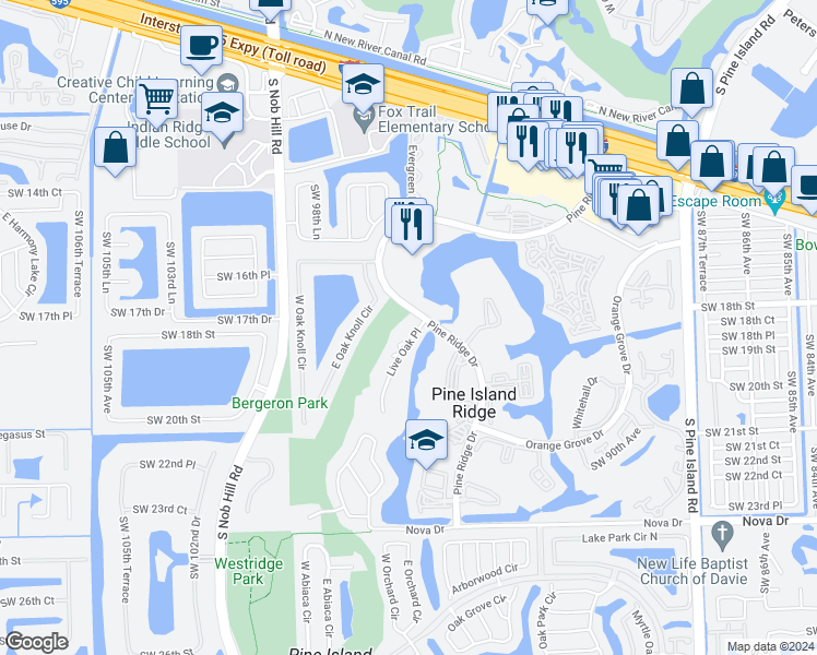 map of restaurants, bars, coffee shops, grocery stores, and more near 9410 Live Oak Place in Davie