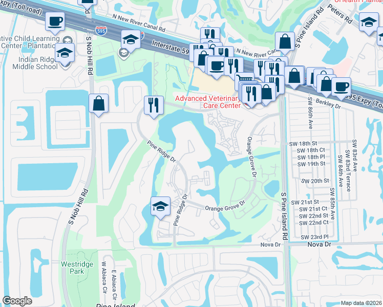map of restaurants, bars, coffee shops, grocery stores, and more near 9460 Poinciana Place in Davie