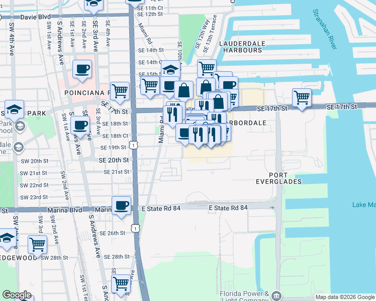 map of restaurants, bars, coffee shops, grocery stores, and more near 1900 Southeast 10th Avenue in Fort Lauderdale
