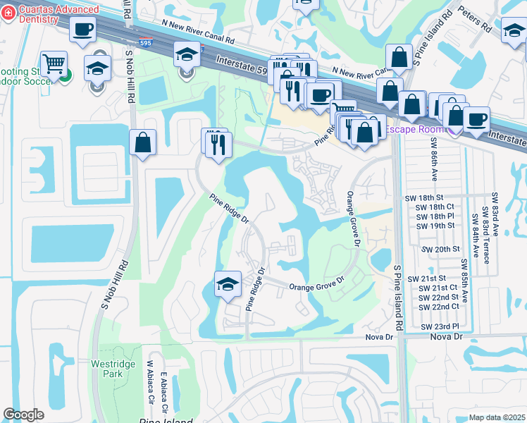 map of restaurants, bars, coffee shops, grocery stores, and more near Poinciana Place in Davie