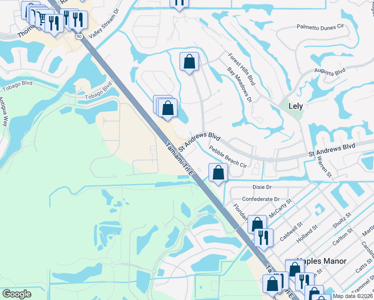map of restaurants, bars, coffee shops, grocery stores, and more near 8835 Tamiami Trail East in Naples