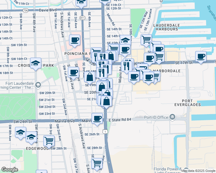 map of restaurants, bars, coffee shops, grocery stores, and more near 605 Southeast 20th Street in Fort Lauderdale