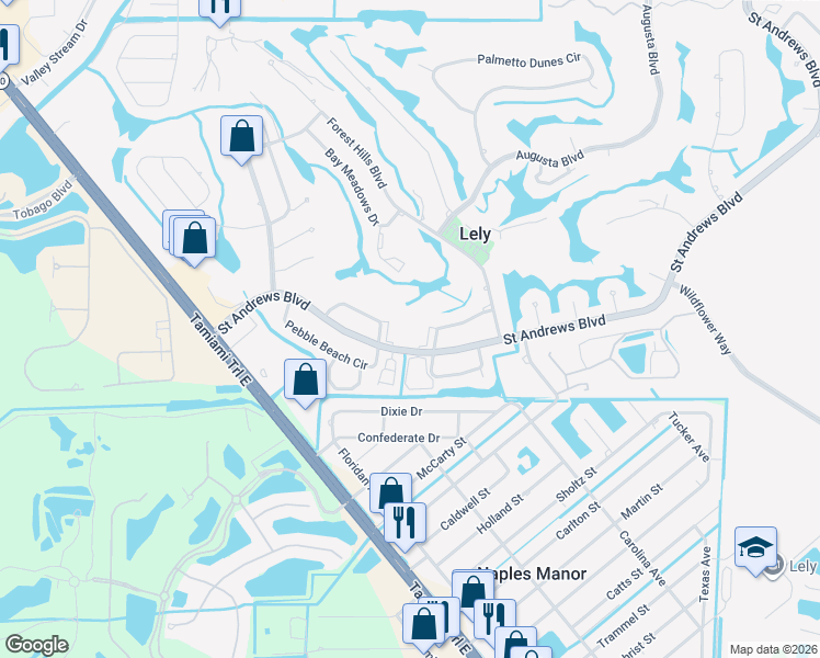 map of restaurants, bars, coffee shops, grocery stores, and more near 315 Saint Andrews Boulevard in Naples