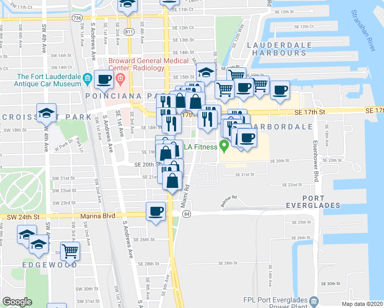 map of restaurants, bars, coffee shops, grocery stores, and more near 1950 Miami Road in Fort Lauderdale