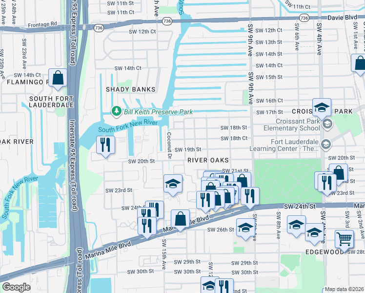 map of restaurants, bars, coffee shops, grocery stores, and more near 1300 Southwest 19th Street in Fort Lauderdale
