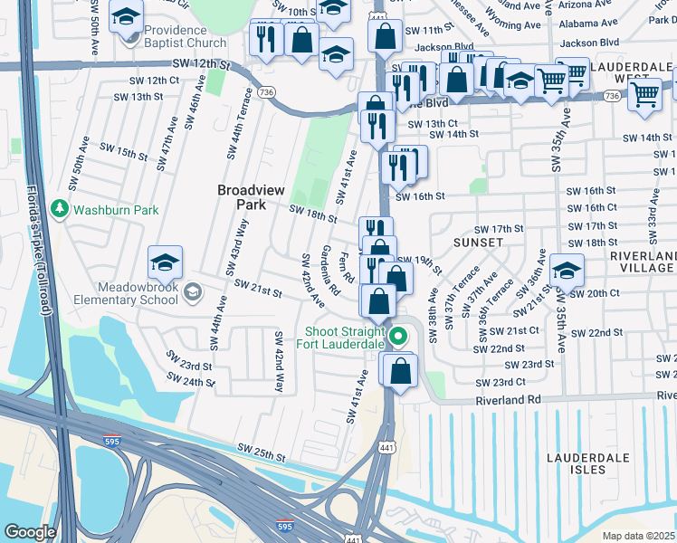 map of restaurants, bars, coffee shops, grocery stores, and more near 1833 Fern Road in Plantation