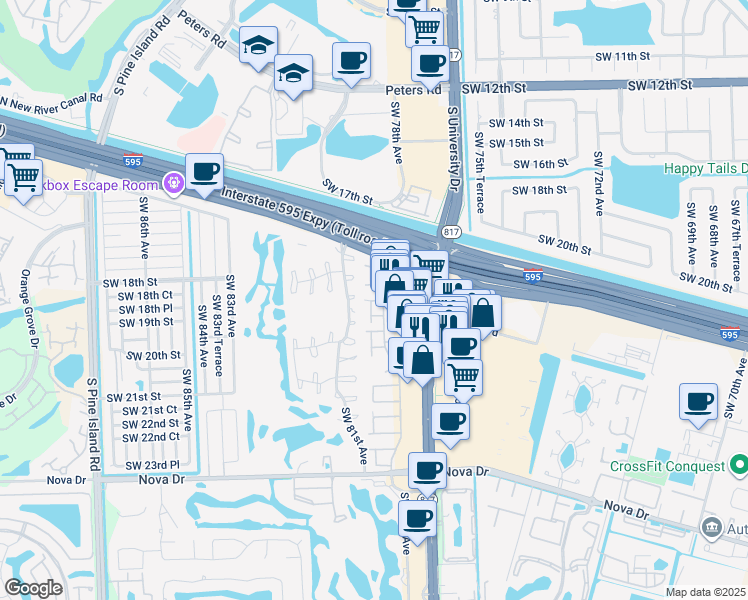 map of restaurants, bars, coffee shops, grocery stores, and more near 1869 South University Drive in Davie