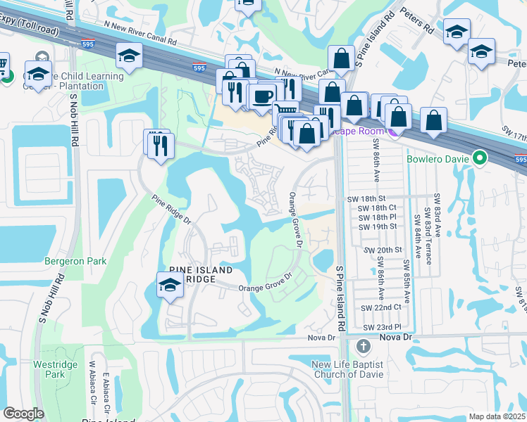 map of restaurants, bars, coffee shops, grocery stores, and more near 1522 Whitehall Drive in Davie