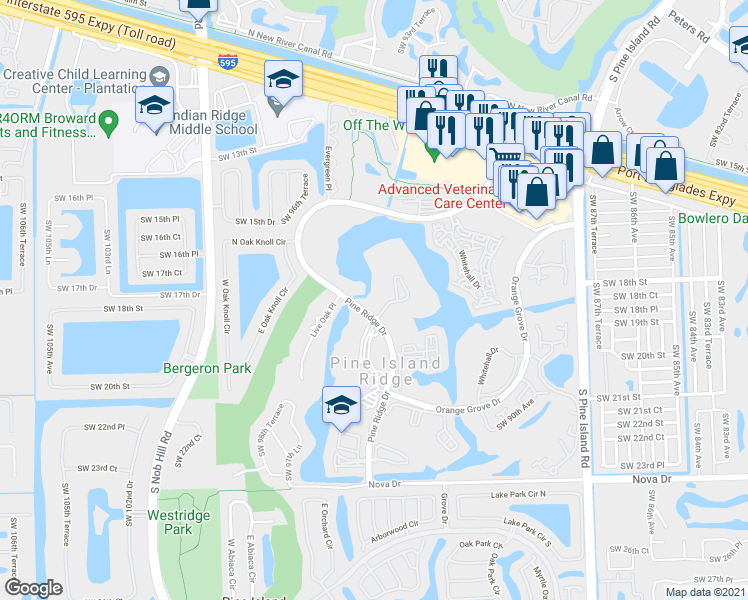 map of restaurants, bars, coffee shops, grocery stores, and more near 9460 Poinciana Place in Davie