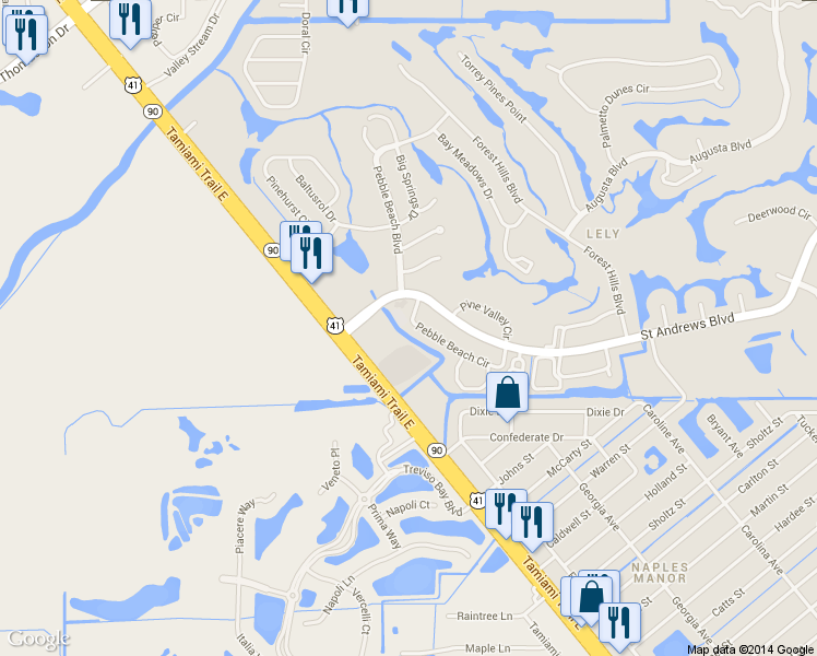 map of restaurants, bars, coffee shops, grocery stores, and more near 136 Pebble Beach Circle in Naples