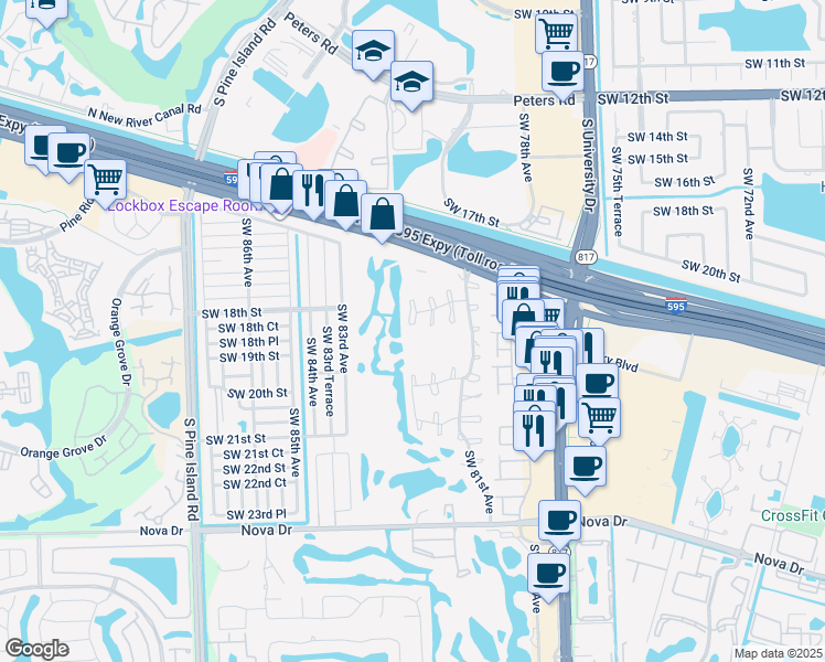 map of restaurants, bars, coffee shops, grocery stores, and more near 161 Southwest 81st Lane in Davie