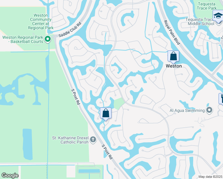 map of restaurants, bars, coffee shops, grocery stores, and more near 2548 Bay Pointe Drive in Weston