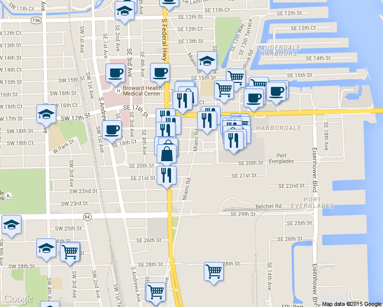 map of restaurants, bars, coffee shops, grocery stores, and more near 1950 Miami Road in Fort Lauderdale