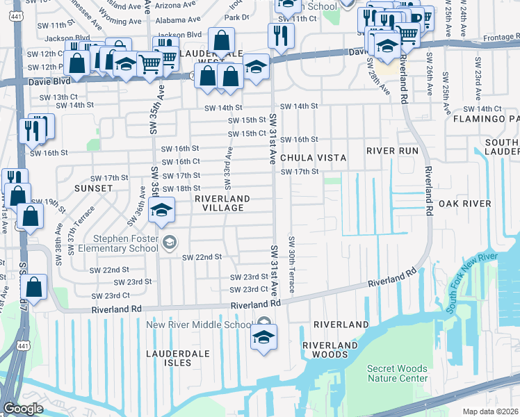 map of restaurants, bars, coffee shops, grocery stores, and more near 3150 Southwest 20th Street in Fort Lauderdale