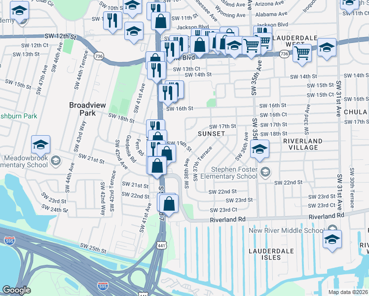 map of restaurants, bars, coffee shops, grocery stores, and more near 3780 Southwest 19th Street in Fort Lauderdale