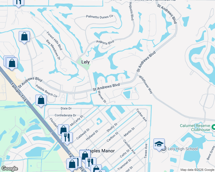 map of restaurants, bars, coffee shops, grocery stores, and more near Saint Andrews Boulevard in Naples