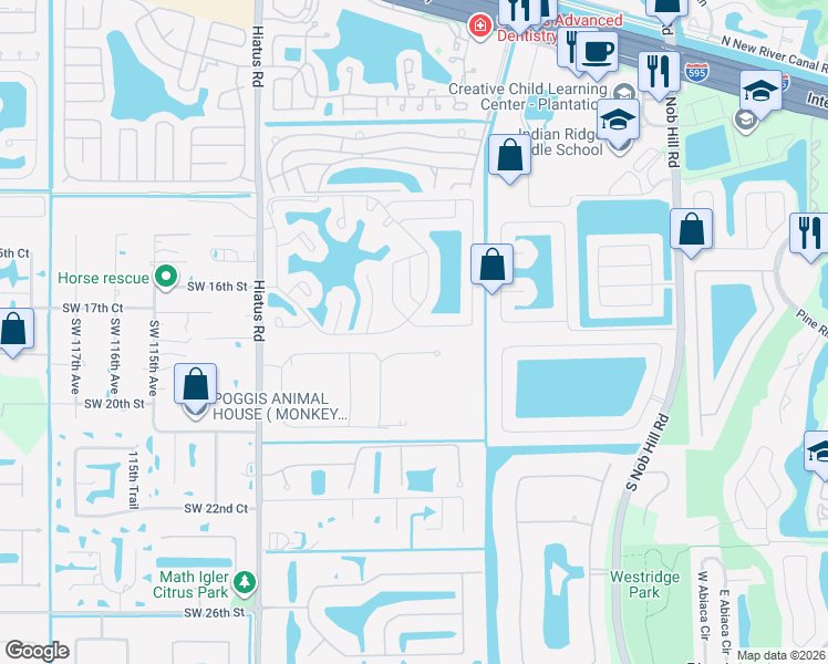 map of restaurants, bars, coffee shops, grocery stores, and more near 10784 Southwest 17th Place in Davie