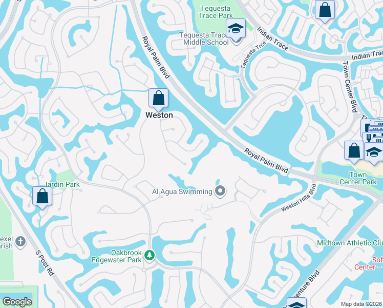 map of restaurants, bars, coffee shops, grocery stores, and more near 2548 Eagle Run Drive in Weston