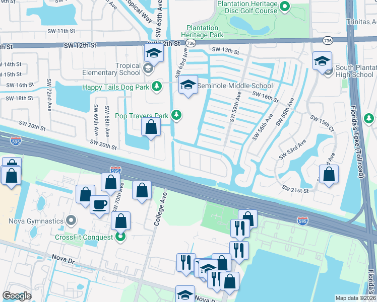 map of restaurants, bars, coffee shops, grocery stores, and more near 2031 Southwest 62nd Avenue in Plantation