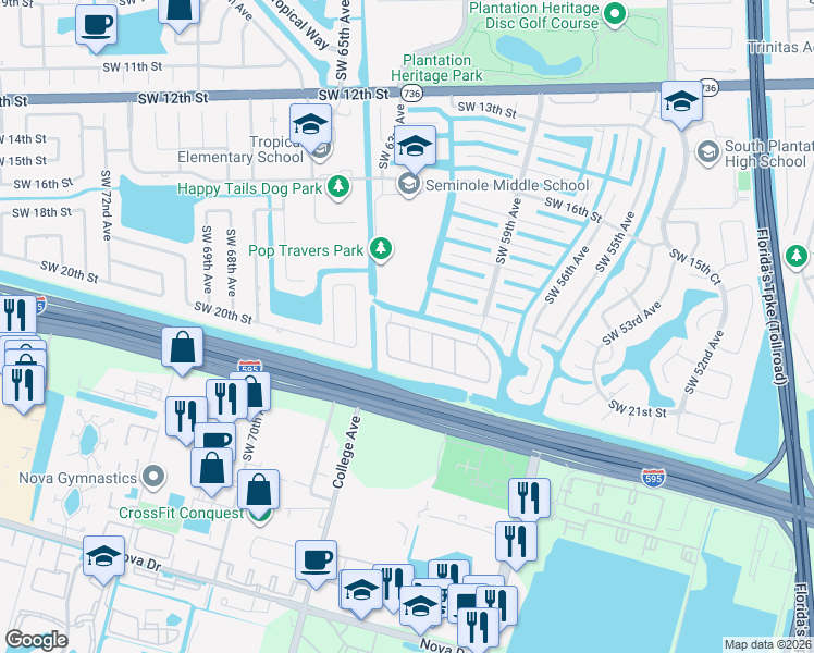map of restaurants, bars, coffee shops, grocery stores, and more near 2031 Southwest 62nd Avenue in Plantation