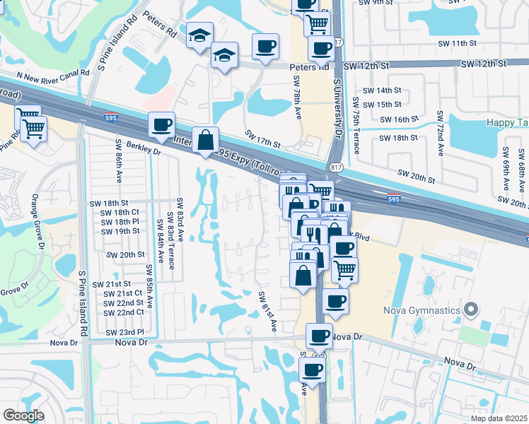 map of restaurants, bars, coffee shops, grocery stores, and more near 1850 Southwest 81st Avenue in Davie