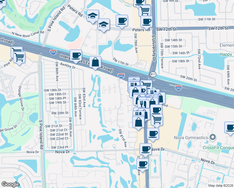 map of restaurants, bars, coffee shops, grocery stores, and more near 1850 Southwest 81st Avenue in Davie