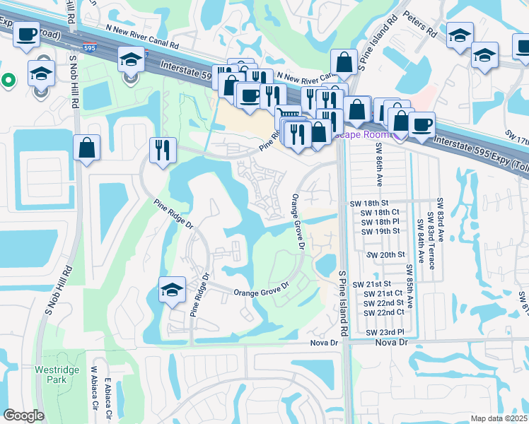 map of restaurants, bars, coffee shops, grocery stores, and more near 1522 Whitehall Drive in Davie