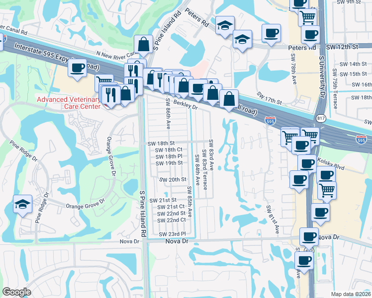 map of restaurants, bars, coffee shops, grocery stores, and more near 8514 Southwest 18th Place in Davie