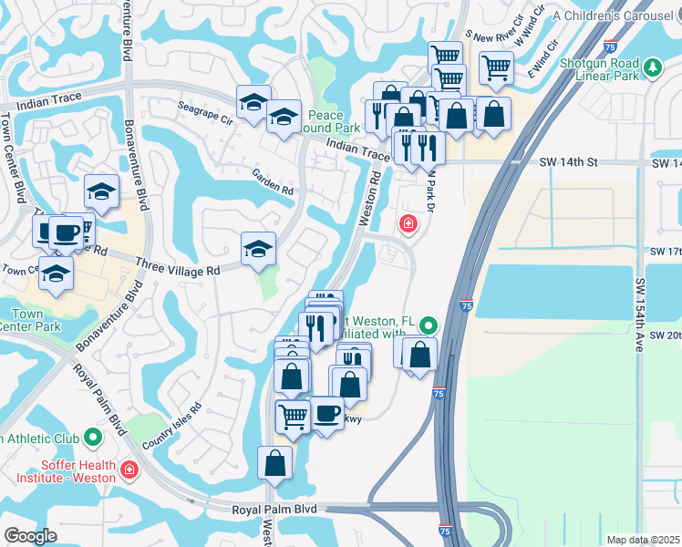 map of restaurants, bars, coffee shops, grocery stores, and more near 1705 Weston Road in Weston