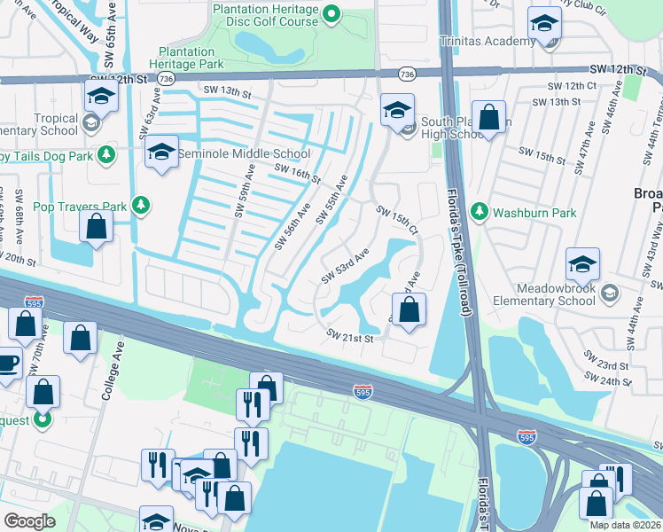 map of restaurants, bars, coffee shops, grocery stores, and more near 5301 Southwest 19th Street in Plantation