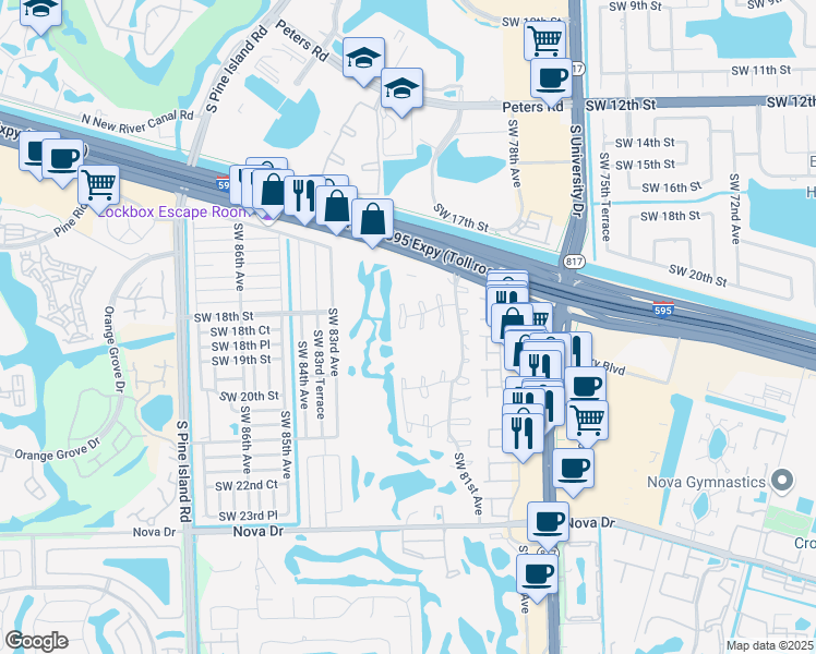 map of restaurants, bars, coffee shops, grocery stores, and more near 161 Southwest 81st Lane in Davie