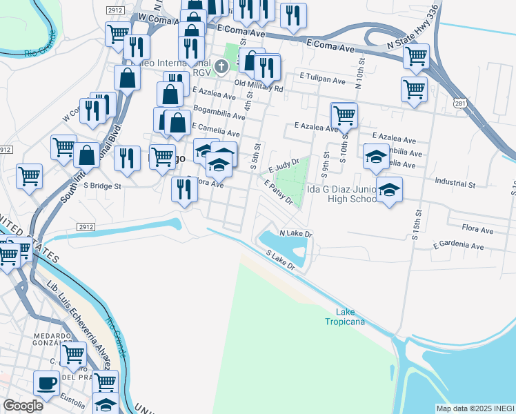 map of restaurants, bars, coffee shops, grocery stores, and more near 5TH South Drive in Pharr