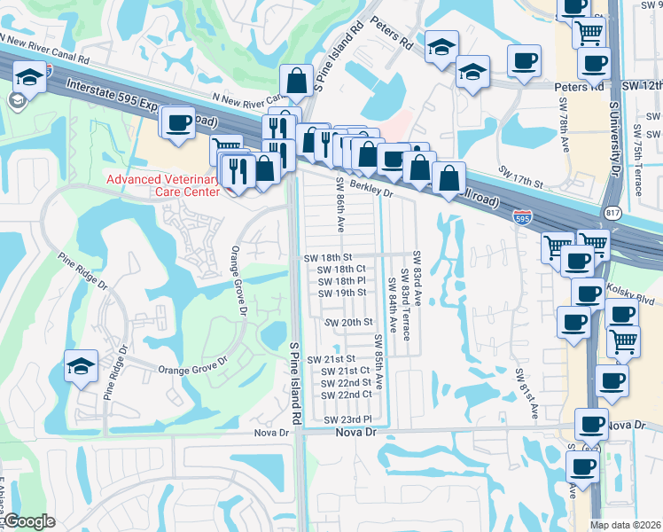 map of restaurants, bars, coffee shops, grocery stores, and more near 8621 Southwest 18th Court in Davie