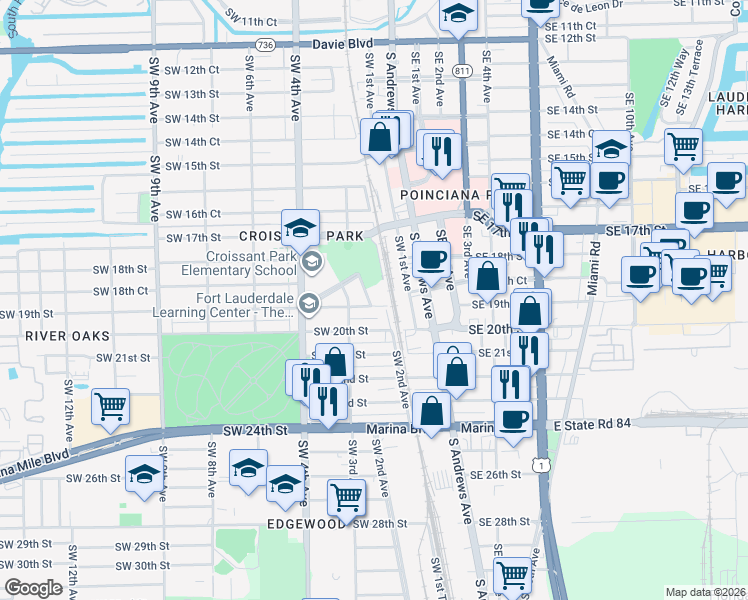 map of restaurants, bars, coffee shops, grocery stores, and more near 1851 Southwest 2nd Avenue in Fort Lauderdale